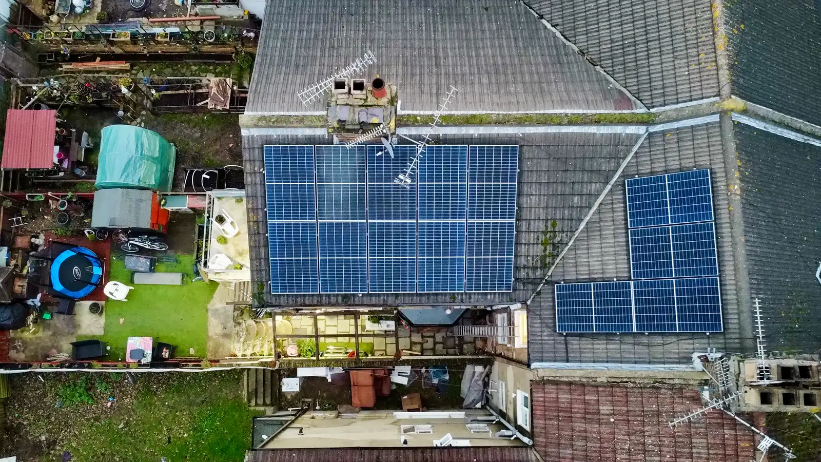Solar panels installed across two roof faces of a Southend-on-Sea terraced home, seen from above