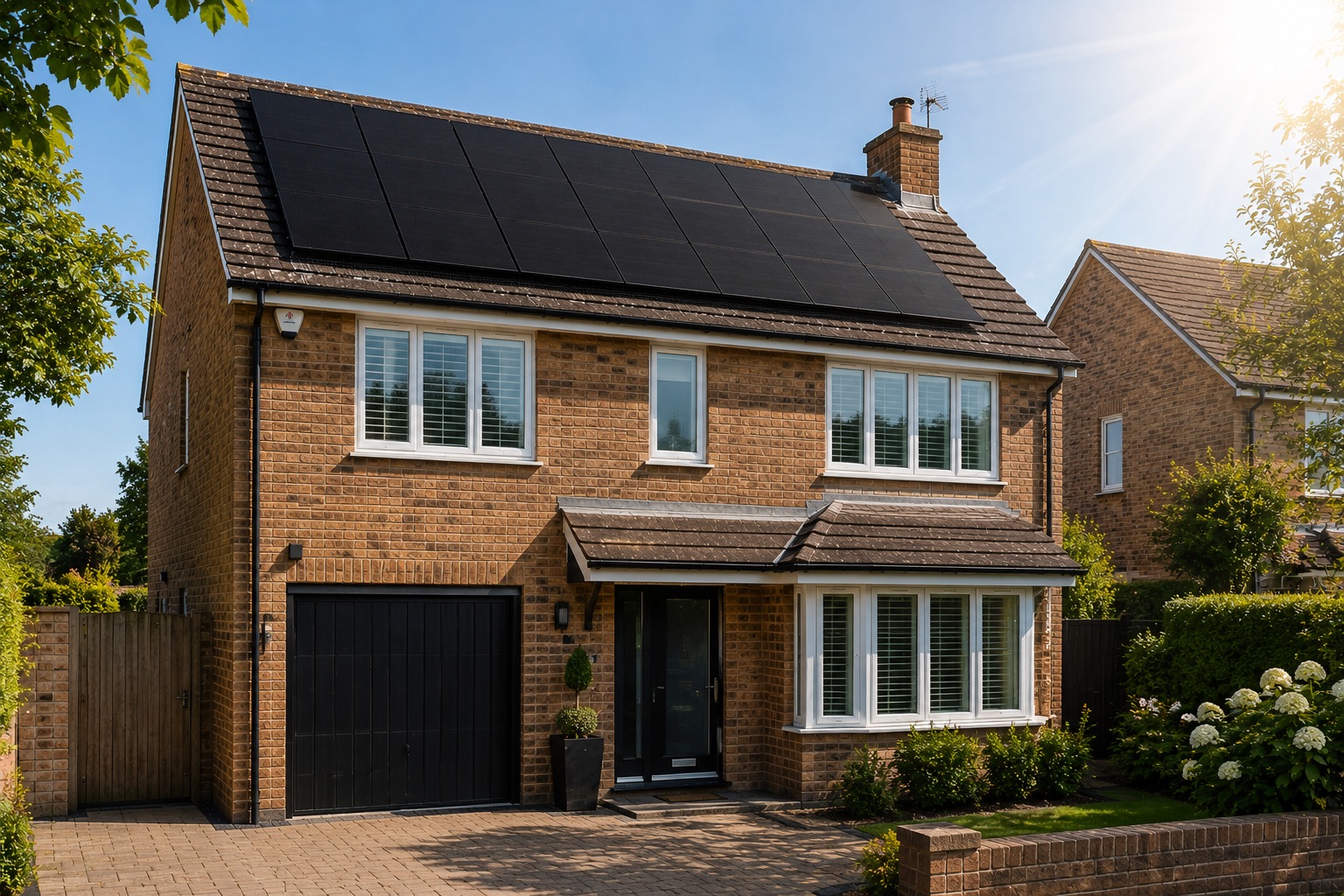 A modern UK home fitted with solar panels by ECONEXIS on a sunny day